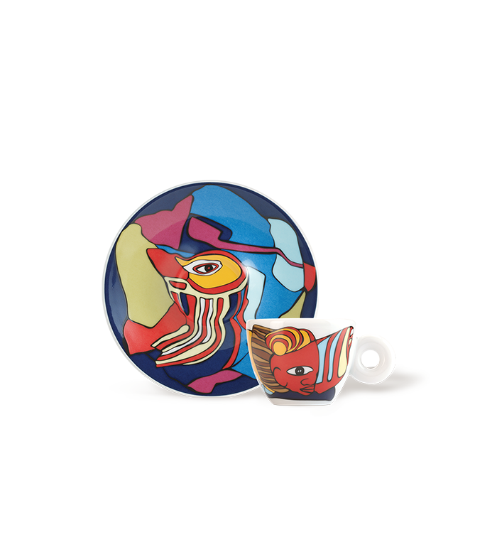 Colorful ceramic cup and saucer with abstract design on a white background