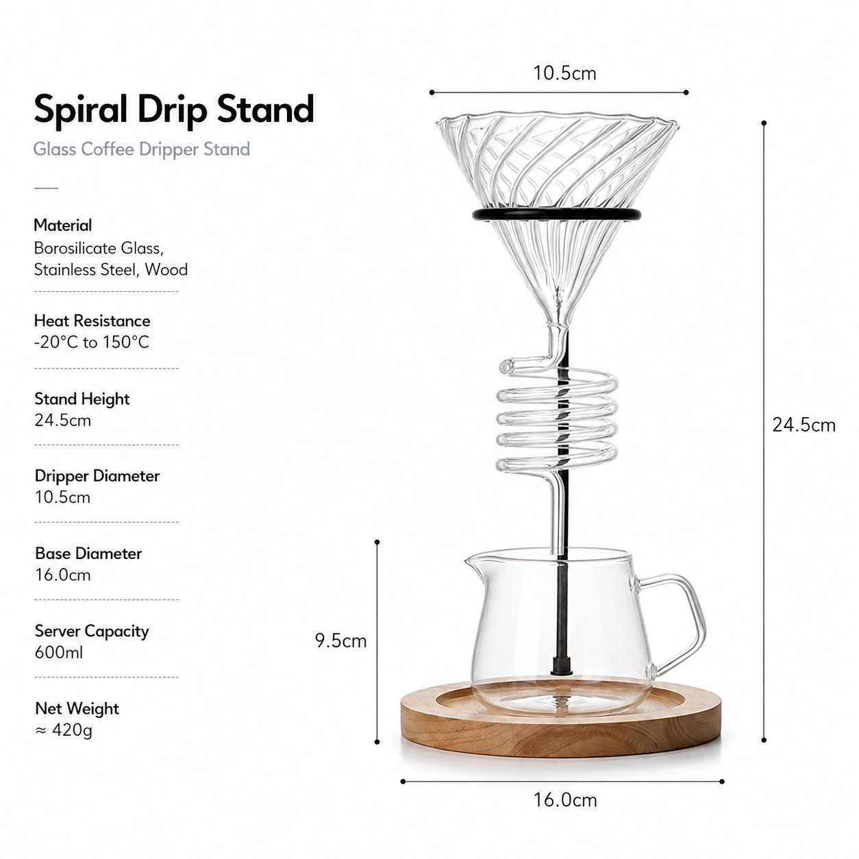 Close-up of the spiral glass dripper seated on its wooden base
