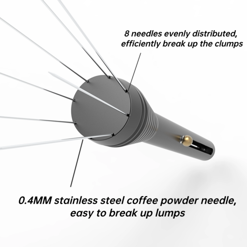 Telescopic WDT tool stirring grounds inside a portafilter basket