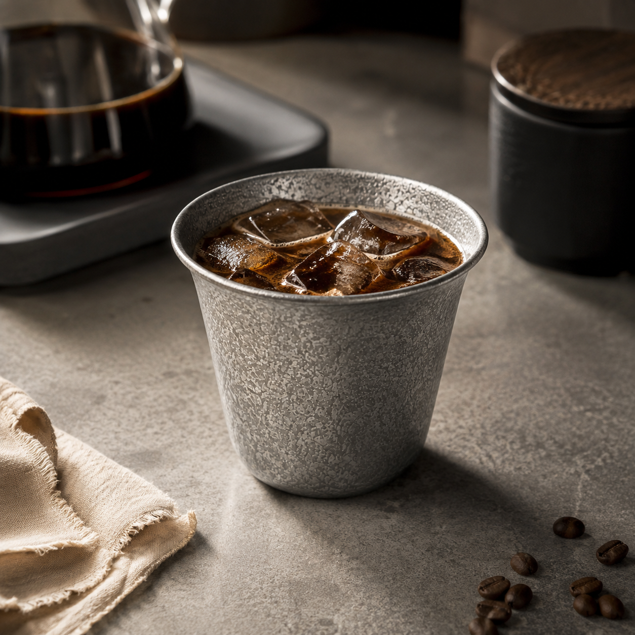Galvanized metal coffee cup showing the flared rim detail