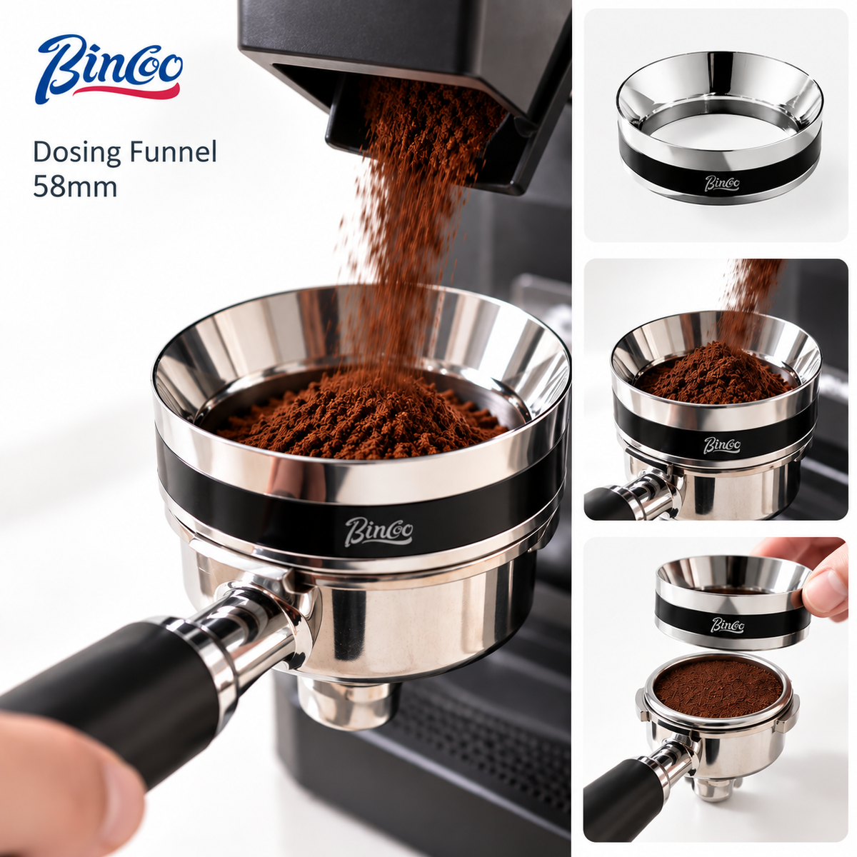 Bincoo dosing funnel 58mm in polished stainless steel with black band