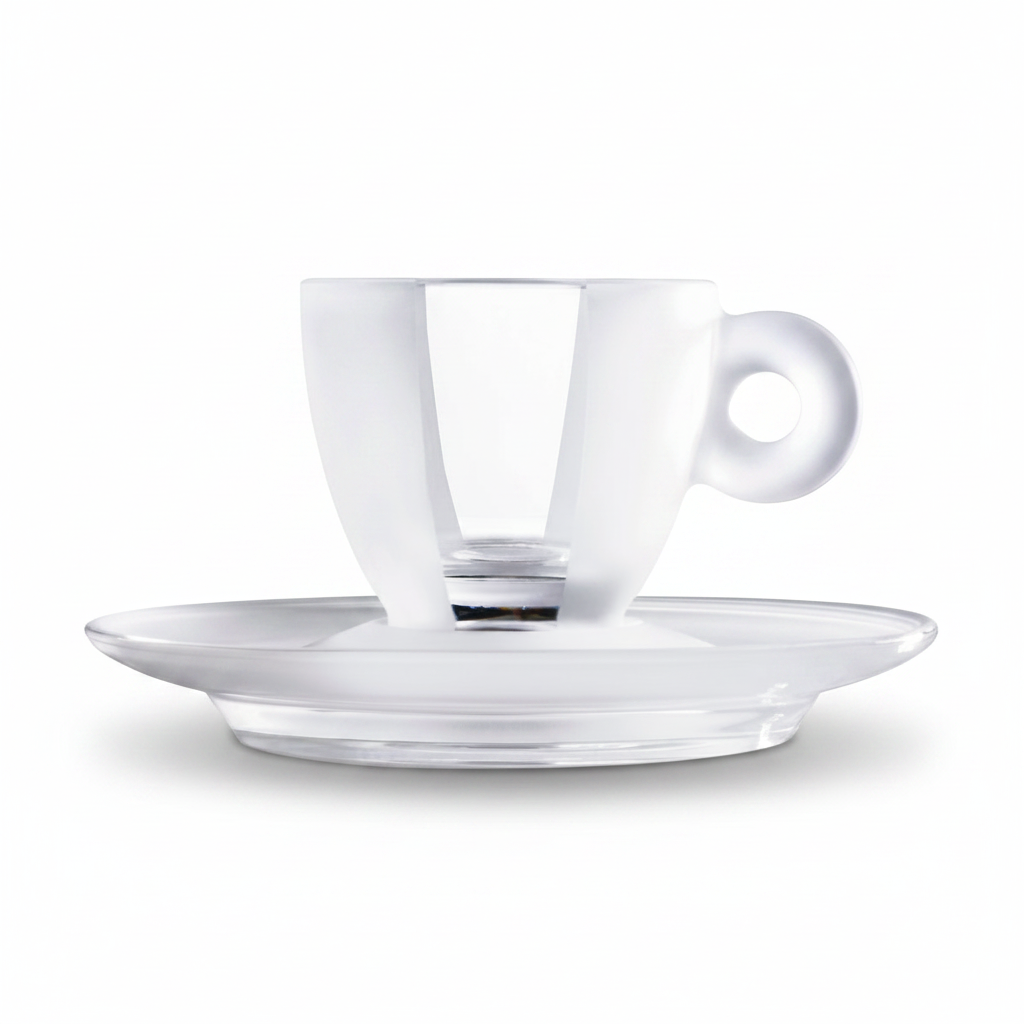 A frosted glass espresso cup with a matching saucer, photographed on a seamless white background.