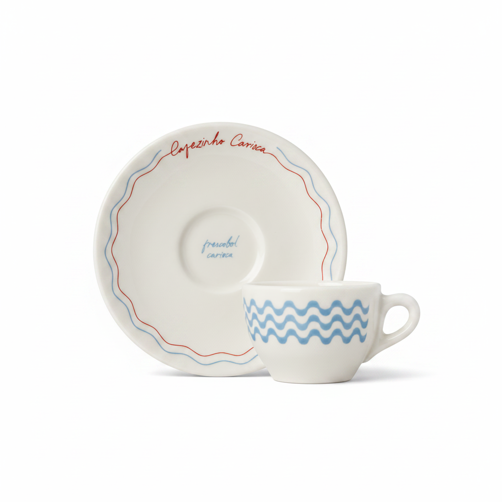 La Marzocco × Frescobol Carioca espresso cup with wave pattern and saucer