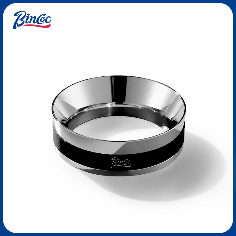 Bincoo polished steel magnetic dosing funnel 58mm on a portafilter catching ground coffee