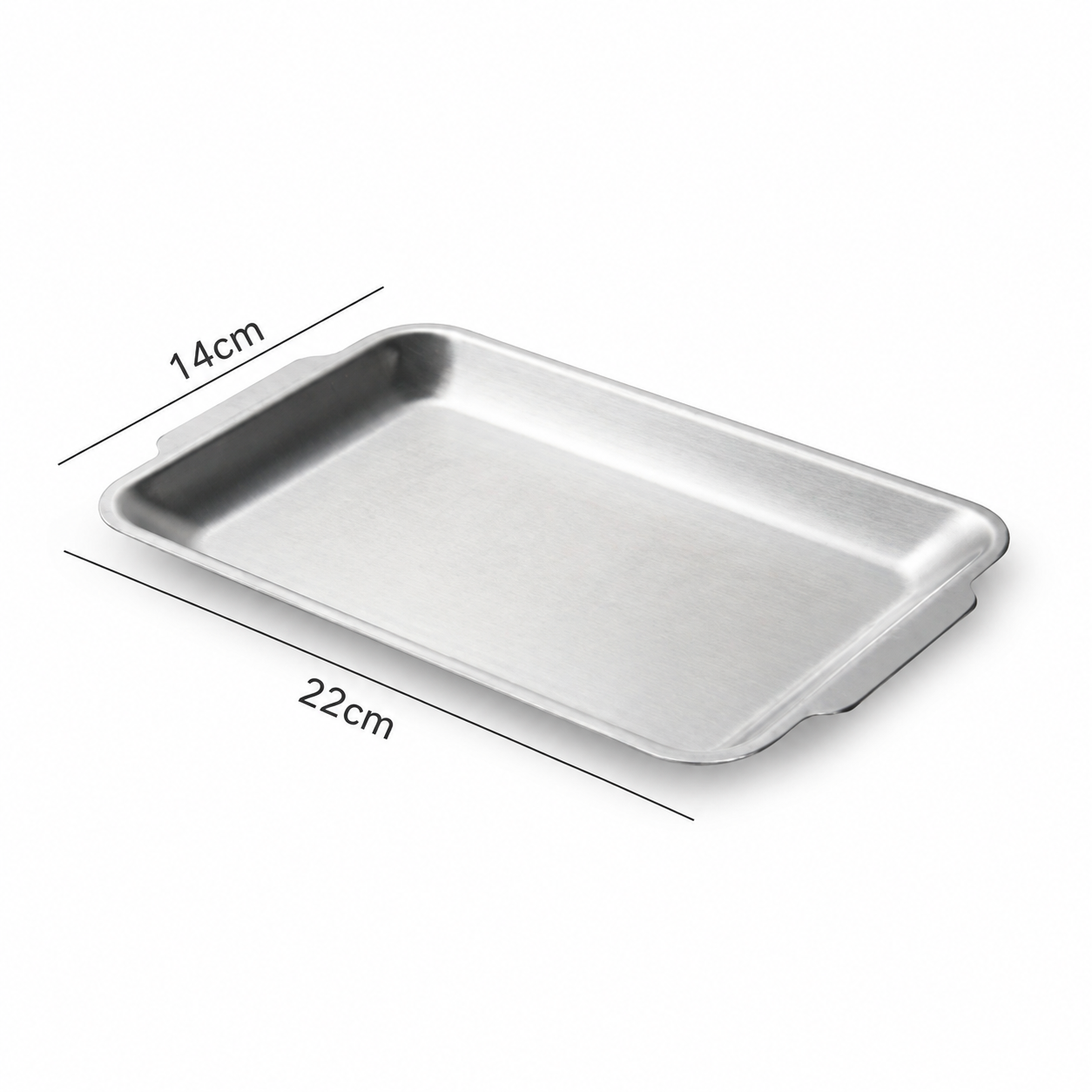 Rectangular stainless steel serving tray, angled view