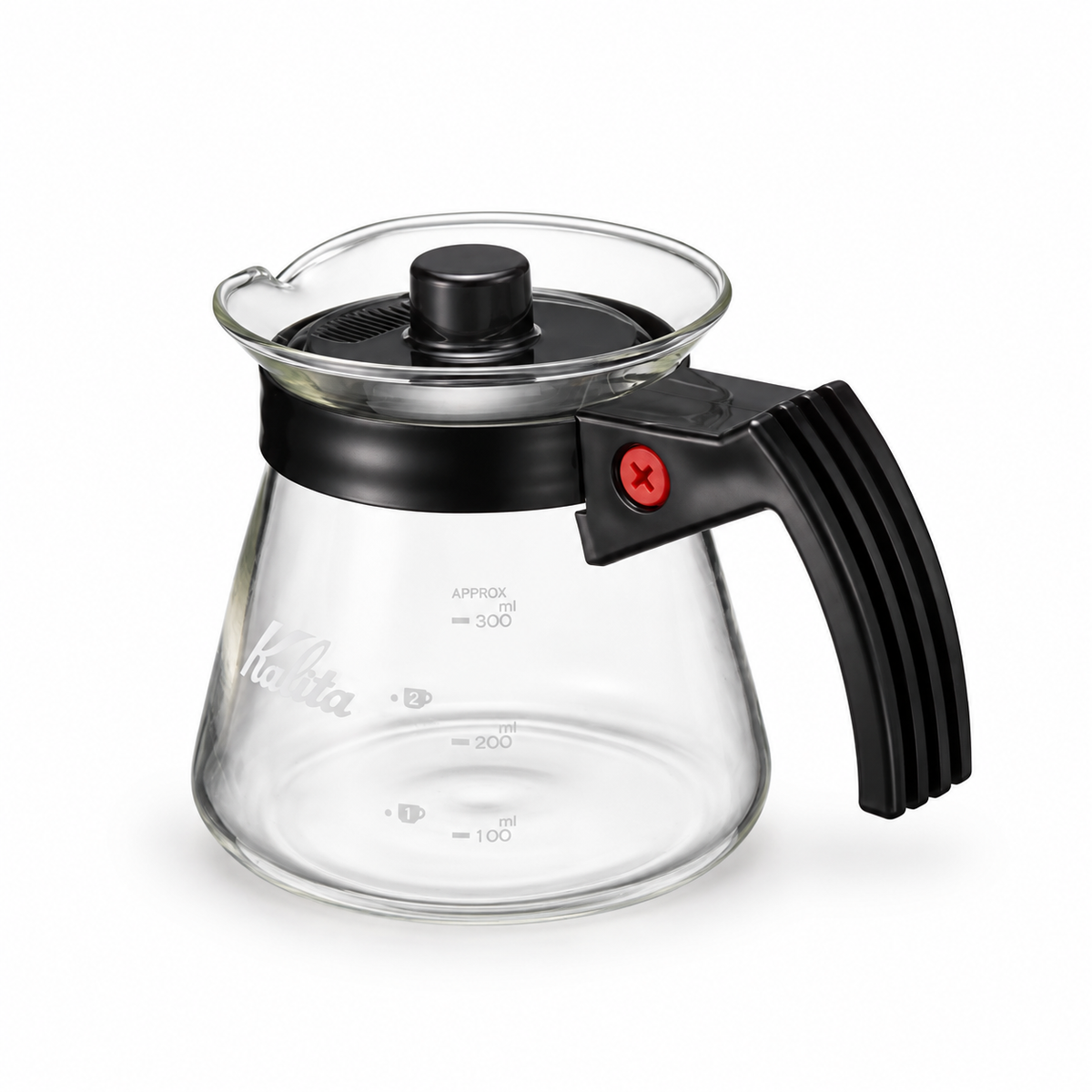 Kalita Glass Coffee Server 300ml in heat-resistant glass with black handle and lid