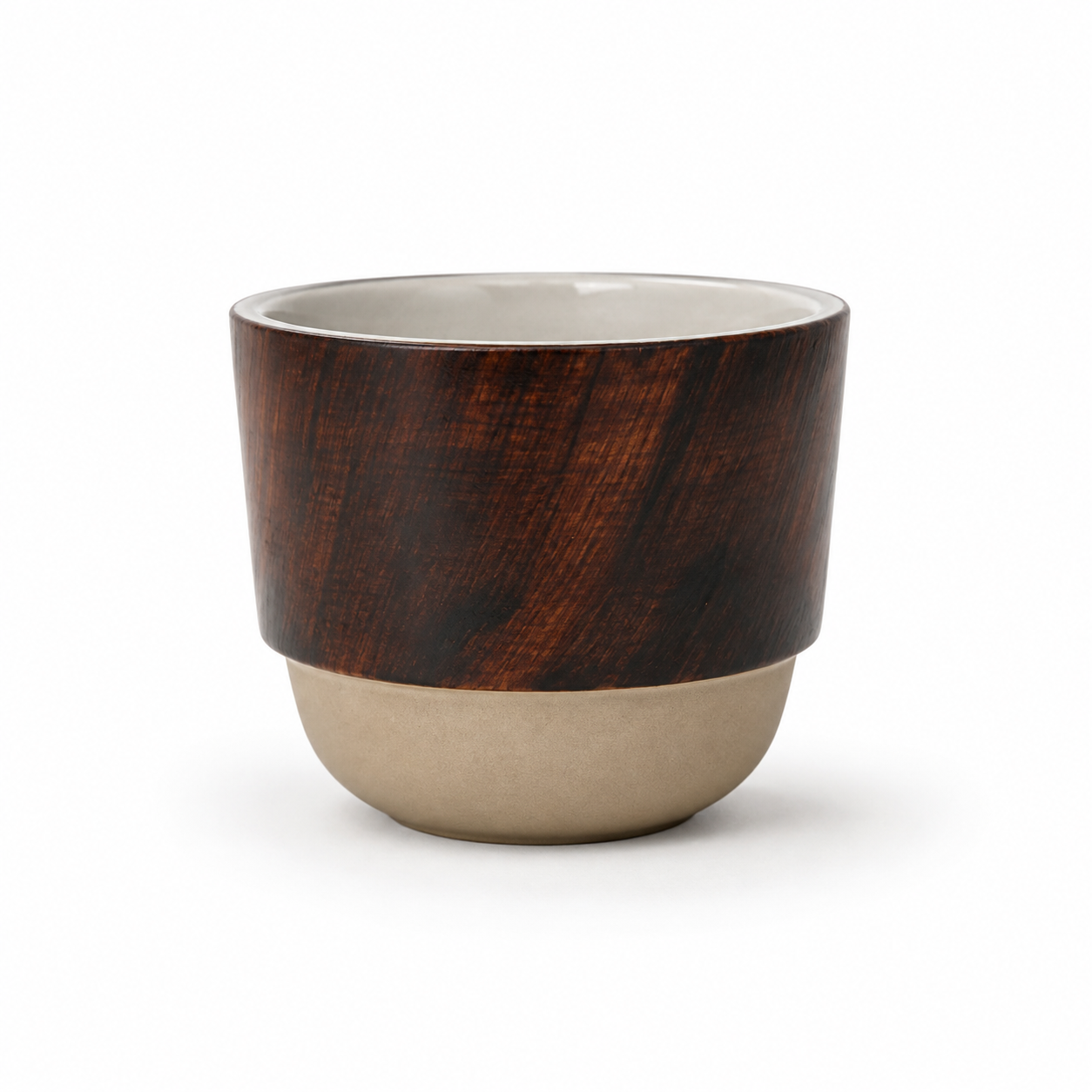 Nordic ceramic cup, 200ml, with wood-toned exterior and natural ceramic base
