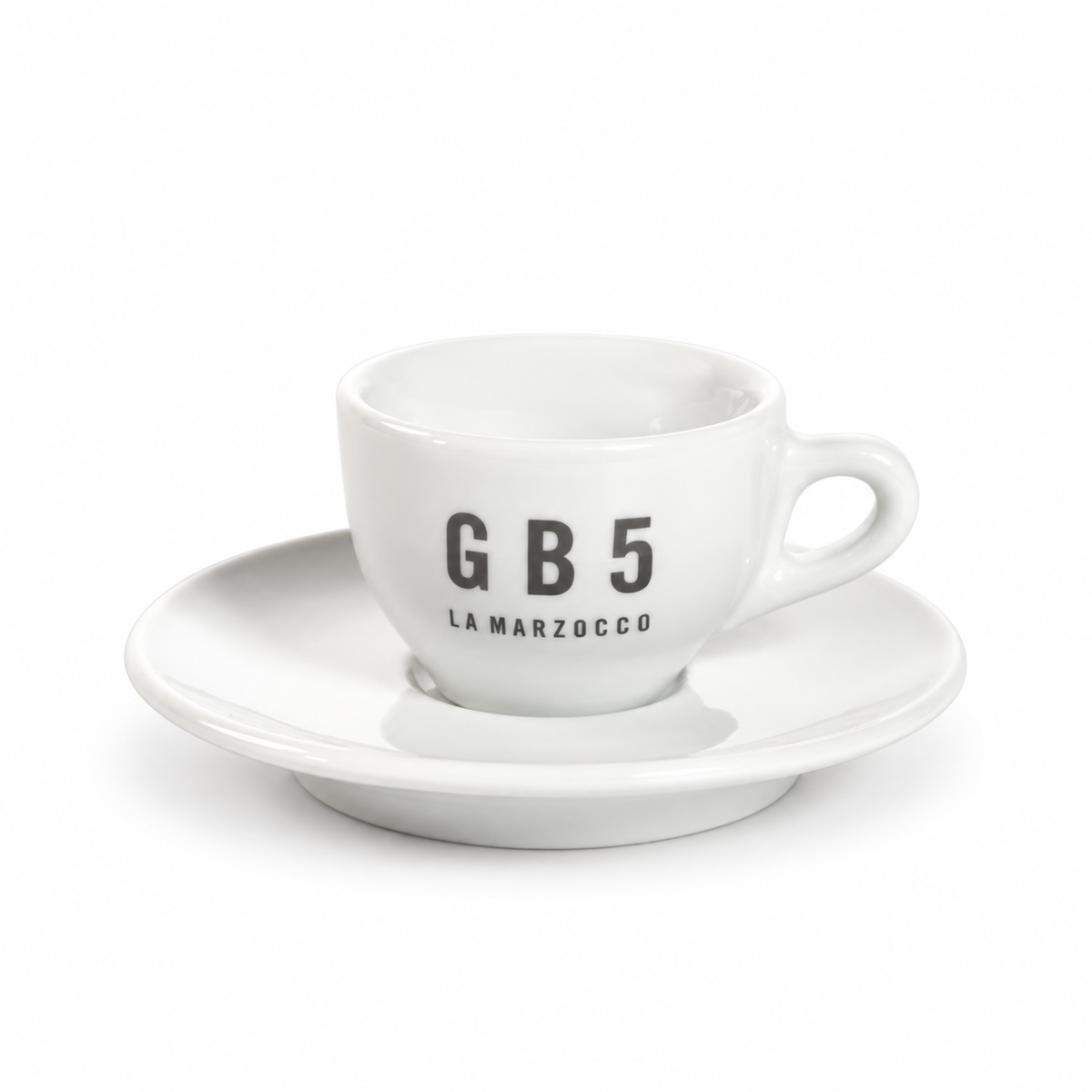 La Marzocco GB5 espresso cup showing the Marzocco lion on the reverse