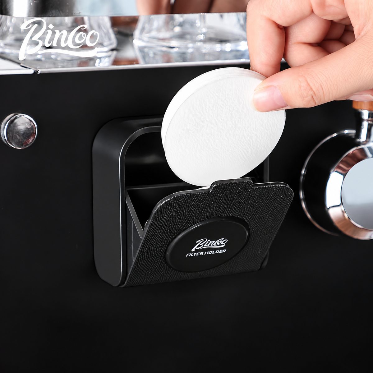 Bincoo filter paper holder in black with textured front panel