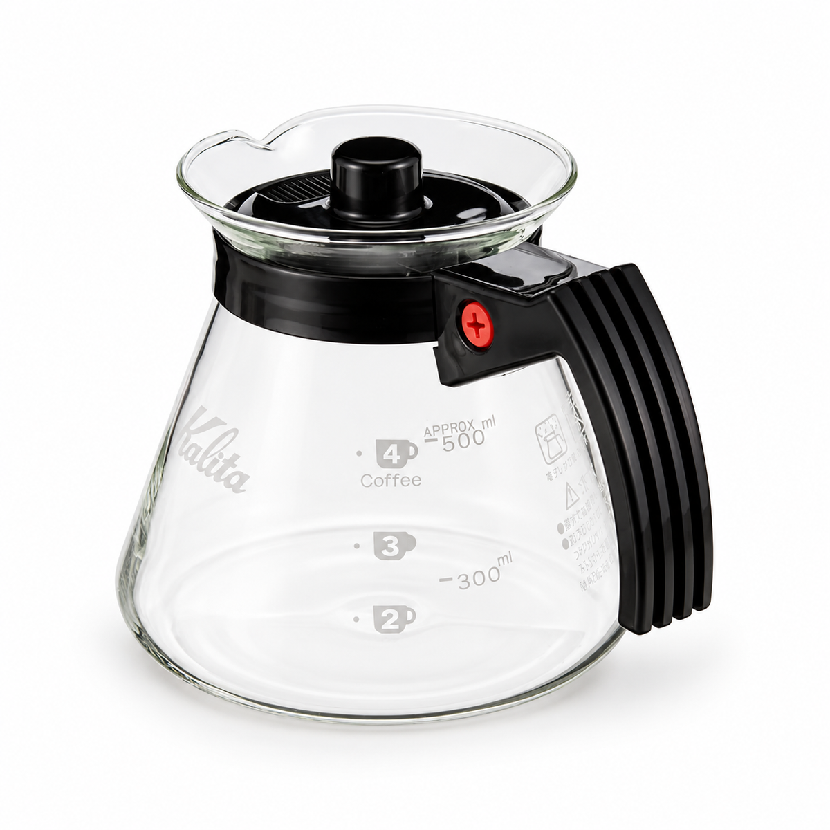 Kalita Glass Coffee Server 500ml in heat-resistant glass with black handle and lid